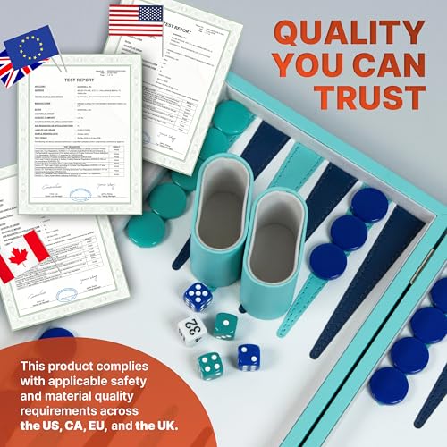 Premium 15" Turquoise Backgammon Set for Adults - Luxury PU Leather Tray with Box, 32 Acrylic Counters, Dice Cups and Double Cube