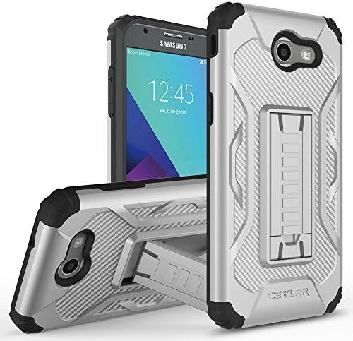 Cevlar Samsung Galaxy J7 2017 Phone Case Samsung Galaxy J7 V Samsung Galaxy J7 Sky Pro J727 Carbon Fiber Textured Phone Case with Built In Kickstand and Brushed Metal