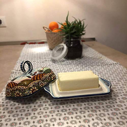 CERAMICHE D'ARTE PARRINI- Italian Ceramic Butter Dish Hand Painted Decorated Sunflowers Landscape Made in ITALY Tuscan Art Pottery