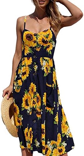 YISHIWEI Women's Dresses-Summer Floral Beach Casual Strap Button Down Swing Midi Dress with Pockets