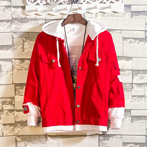 red hoodie with denim jacket