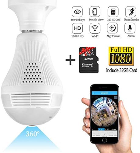 Wifi Light Bulb Camera,1080P Wireless Security Camera Light Bulb- 360° Fisheye Lens Camera Bulb VR Panoramic Bulb Camera,Night Vision and Motion Detection for iPhone/Android/Windows- Include 32GB Card