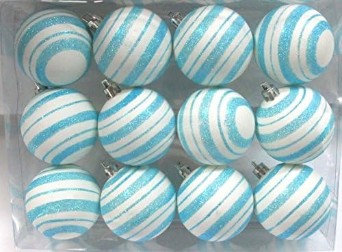 Queens of Christmas Aqua and White Design 12 Pack Ball Ornament with Lines, 2"