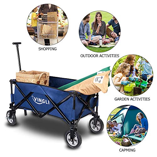 VINGLI Portable Collapsible Utility Wagon,Sturdy Outdoor Folding Garden Sports Shopping Cart, Steel Frame for Beach Park Camping Patio Compact on Wheels Blue