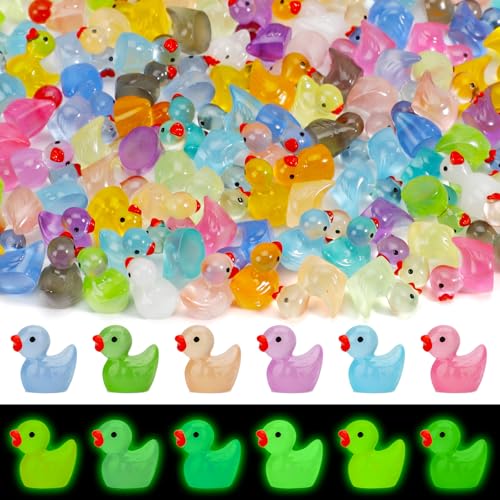 200 Pcs Mini Resin Ducks Glow in The Dark, Tiny Animals Figures to Hide Miniature Luminous Plastic Duck for Dollhouse Micro Fairy Garden Landscape Aquarium Party Decorations Crafts Gift