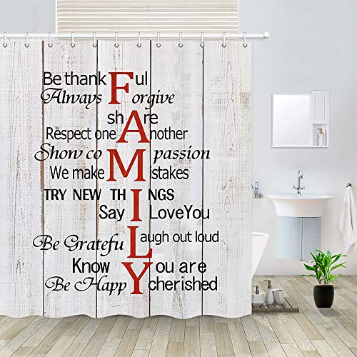 Family-Inspirational-Motivational-Quotes-Rustic-Wooden-Shower-Curtain-Inspirational-Family-Rules-Words-on-Country-Wood-Board-Shower-Curtain-Fabric-Rustic-Cabin-Shower-Curtain-12PCS-Hooks-69X70IN