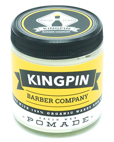 Satin Wax Pomade by Kingpin Barber Co. all day flexible hold with medium shine in travel size (2.2 oz.)