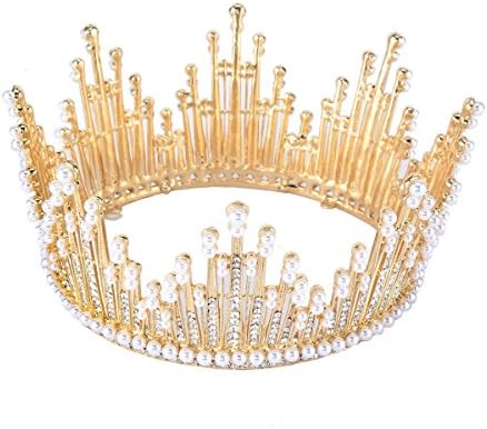 Stuffwholesale Women Wedding Tiara Pearl Bead Gold Plated Rhinestone Crown Hair Jewelry with Bobby Pins (Gold)