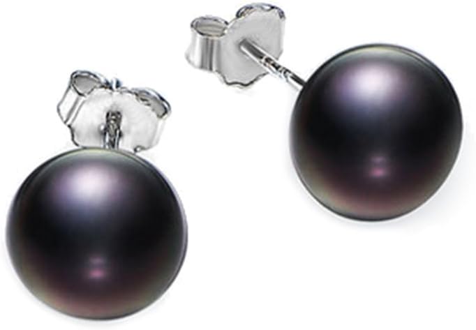 RakumiPearl Earrings 8mm Black Freshwater Pearl Studs Earrings Sterling Silver