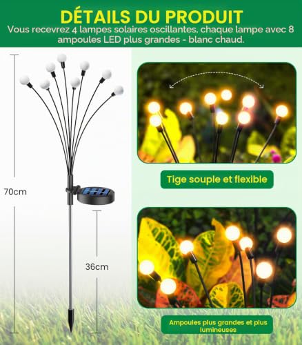 GEARLITE Firefly Garden Solar Light, 4 Pieces Outdoor Solar Light, IP65 Waterproof 8 LED Solar Outdoor Lamp Flowers Decorative for Garden, Terrace, Patio, Courtyard, Warm White