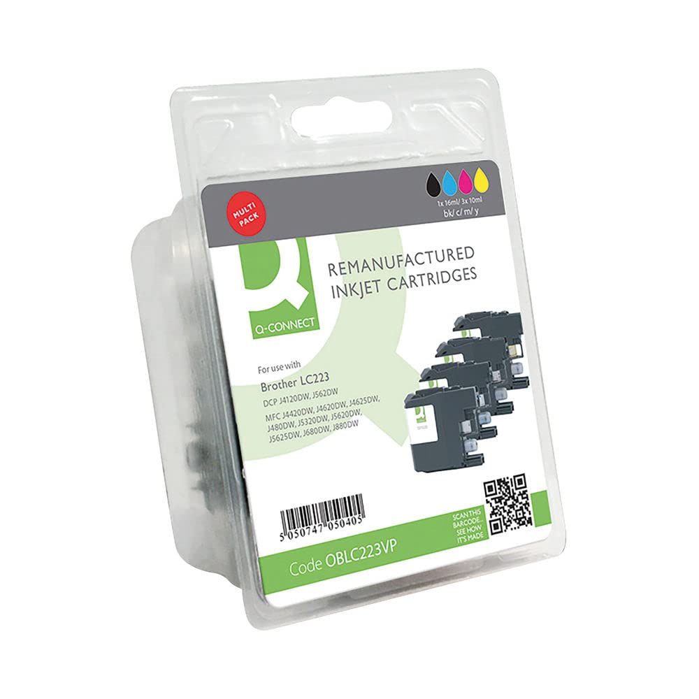 Q-Connect Remanufactured Inkjet Cartridges Multi-Pack Compatible with Brother Models, 16 ml Black/Cyan/Magenta/10 ml Yellow