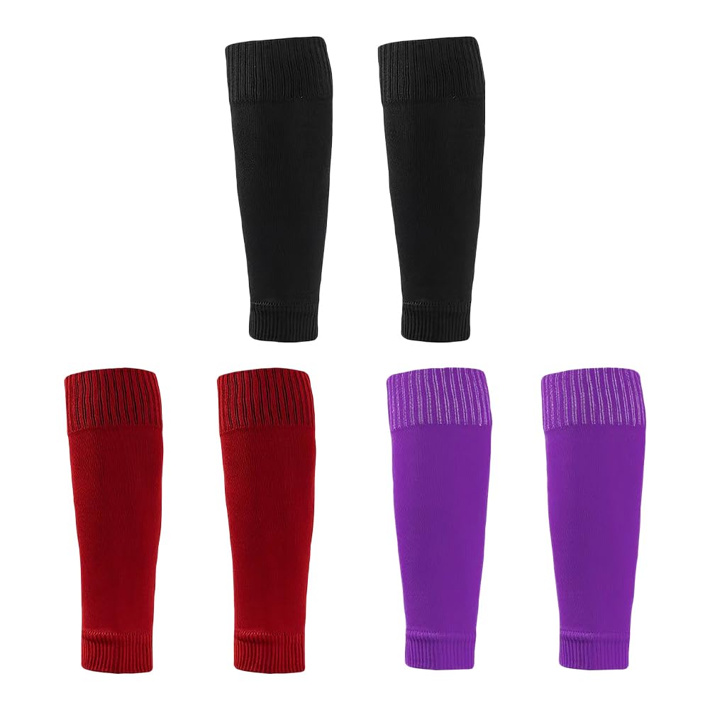 JIHUOO 3 Pairs Football Sock Sleeves Soccer Shin Guard Sleeves Soccer Leg Sleeves Basketball Calf Sleeves Compatible with Grip Socks for Men Boys Black Red and Purple