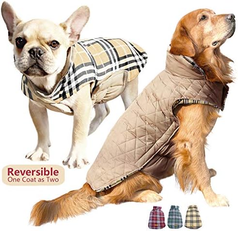 Kuoser Dog Winter Coat With Leash Hook，Reversible Warm Soft Pet Fleece Vest Jacket,Waterproof Windproof Cozy Cold Weather Clothes for Small Medium Large Dog,Plaid Christmas Suit Outwear XS-3XL