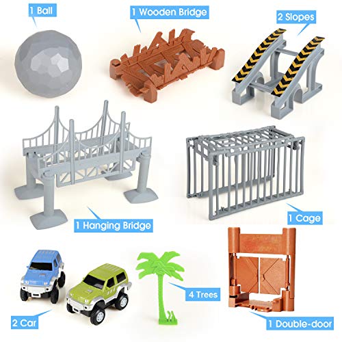 [Upgraded Version] Race Track Dinosaur World,Bridge Create A Road 144 Piece New Jurassic Park Toys & Flexible Track Playset,Two Toy Cars,Two Dinosaurs,Wooden Bridge,Cage, Plastic Roll Ball More Access