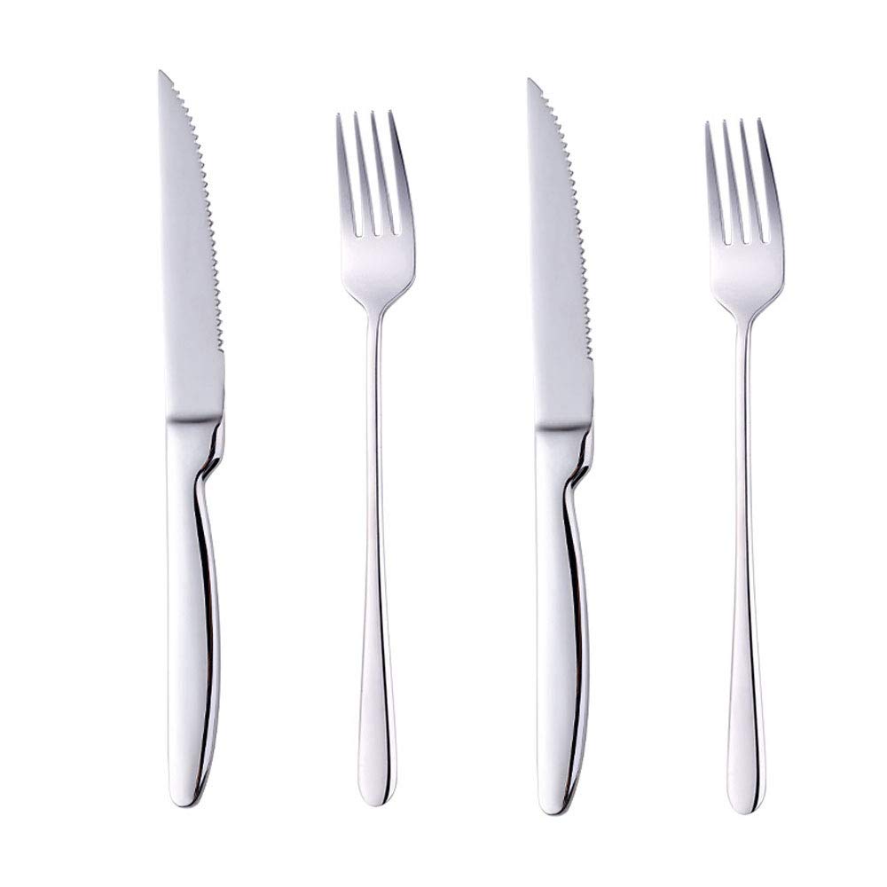 BISDARUN Steak Cutlery Set - Silver Serrated Steak Knives X2 and Forks X2, Serves 2 - Stainless Steel, Dishwasher Safe