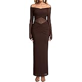 KUTUMAI Women Sheer Long Sleeve Off Shoulder Formal Cocktail Wedding Guest Dresses Fall Mesh Ruched Bodycon Maxi Dress
