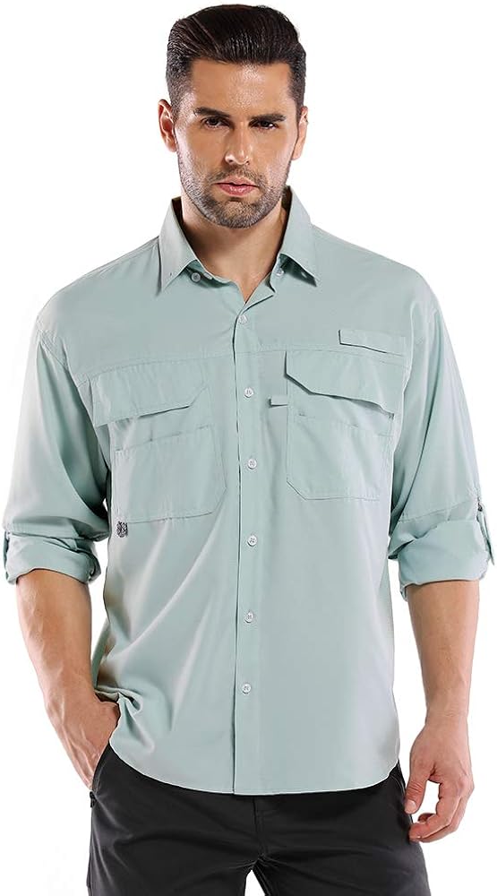 Men's UPF50+ Long Sleeve Shirt, Outdoor Sun Protection Dry Fit Cooling Hiking Fishing Shirts: Clothing