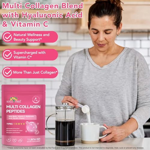 Multi Collagen Peptides Powder, 1 lb Unflavored Hydrolyzed Collagen Types I, II, III, V, X，16 oz (41 Servings)-Hyaluronic Acid Power,Grass Fed Collagen Supplements for Women and Men, Non GMO
