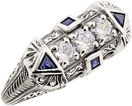 Art Deco Style Sterling Silver Filigree Cubic Zirconia &amp; Sapphire Ring (sz8)