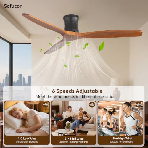 Sofucor 132cm Ventilador de Techo con Mando a Distancia, Madera Maciza Ventilador de Techo sin Luz, Silencioso DC, Temporizador, 3 Temperaturas de Color, 6 Velocidades para Salones