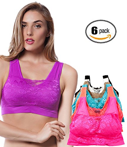 Barbra's 6 Pack Regular Size Lace Trim Wireless Yoga Bras (Small to Large)