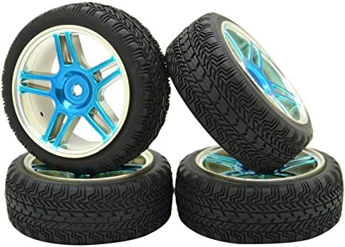 4x RC 1/10 Scale Blue Plastic Plated Hub Wheel Rim 10 Spoke Soft Rubber Tires Pattern For RC Car pack of 4Pcs