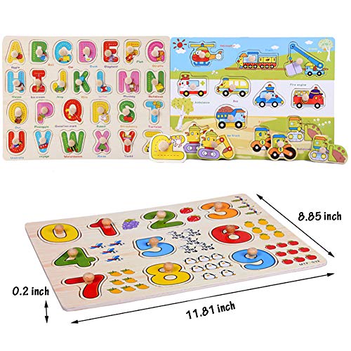 image for wonuu Wooden Peg Puzzles Set, 3 Set Knob Puzzles, Alphabet ABC Numbers