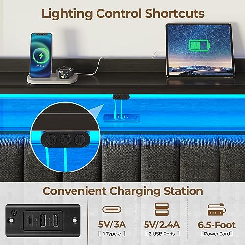 Rolanstar Headboard for Full Size Bed with Storage, 60,000 DIY Color of LED Light, Head Board with USB & Type C Port, Height Adjustable, Black Upholstered Cabeceras de Cama Comfortable Modern, Stable