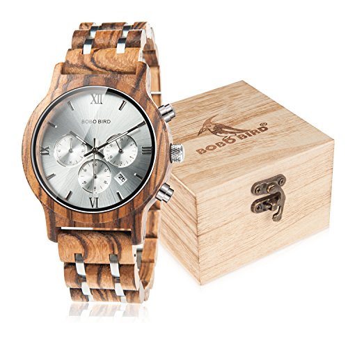 BOBO BIRD Mens Wooden Watches Luxury Wood Metal Strap Chronograph & Date Dispaly Quartz Watch Versatile Male Timepieces (Metal White)