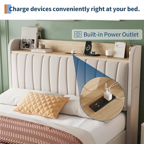 Queen Size Upholstered Bed Frame with Storage Headboard and Charging Station, Platform Bed Frame with Metal Drawers, Heavy Duty, No Box Spring Needed, Easy Assembly, Beige