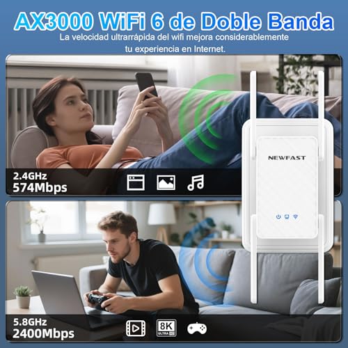 NEWFAST WiFi Repeater 3000Mbps WiFi Signal Amplifier AX3000 WiFi Repeater 5.8/2.4GHz, Gigabit Port, 4 Antennas, WPA3, IEEE802.11ax/AC/b/g/n
