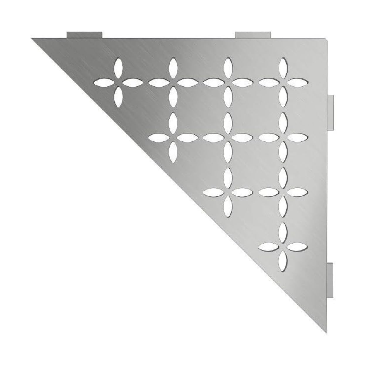 Photo 1 of Schluter Triangular Corner Shelf for Tiled Walls - Floral Design, Stainless Steel Material, Brushed Stainless Steel Finish, 3/32” Thick Anchoring Tabs - SES1D5EB