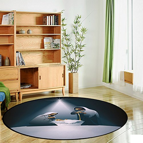 Printing Round Rug,Religious,Xmas Theme Important Birth Scene with Family Mother Father and the Baby Mat Non-Slip Soft Entrance Mat Door Floor Rug Area Rug For Chair Living Room,Black White Grey