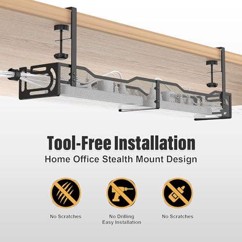 Under Desk Cable Management Tray Long 1 Pack A non drilling table cable basket for storing extension cords, a screw free and tidy wire organizer clip, suitable for homes, offices,kitchens, etc
