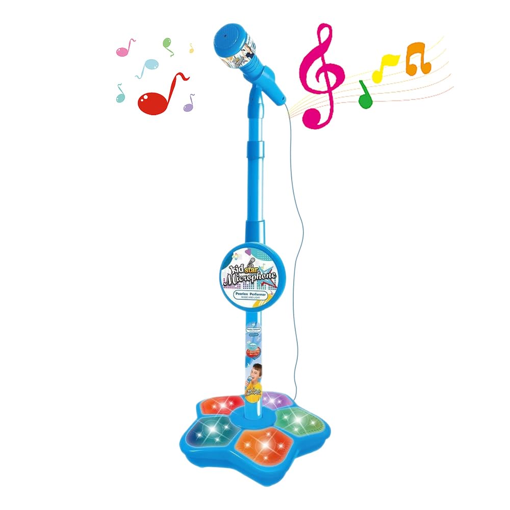 Kids Microphone and Stand, Adjustable Kids Karaoke Machines with Flashing Stage Lights, Stand Up Kids Microphone Stand for Girls Boys Birthday Gift(Blue)