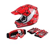 TCT-MT DOT Helmets+Goggles+Gloves Youth Red Spider Net Dirt Bike Helmet Motocross ATV Helmet Goggles+Gloves Medium