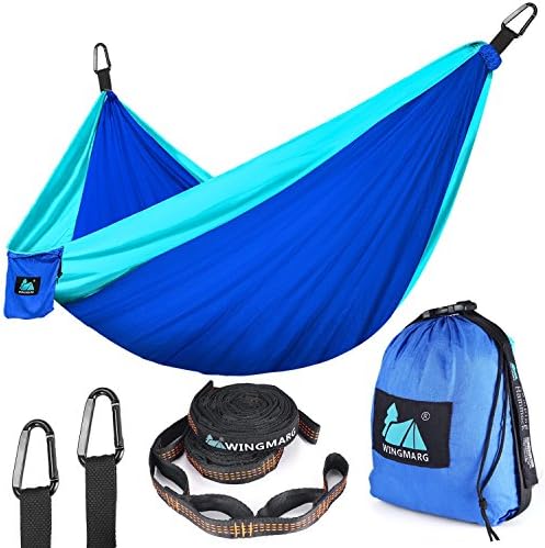 Double Camping Hammock - Lightweight Nylon Portable Hammock,Parachute Hammock and Ropes Included Straps &amp; Steel Carabiners For Backpacking, Camping, Travel, Beach, Yard, 125"(L) x 79"(W)(XL) (BLUE)