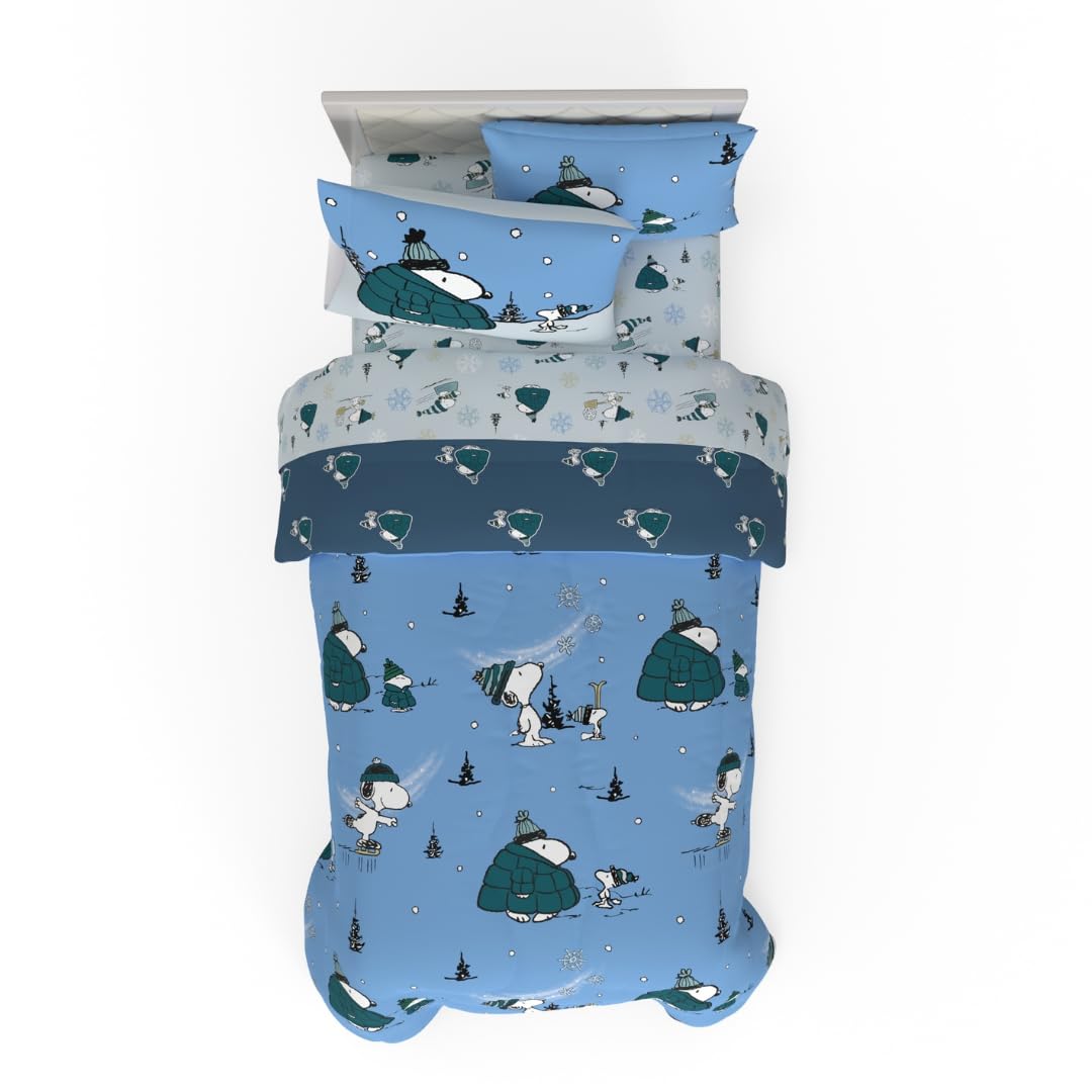 Collectibles Peanuts Snoopy Puffer Coat Holiday & Christmas Bedding Soft Comforter and Sheet Set with Sham, 5 Piece Twin Size, (Officially Licensed Product) by Franco Image