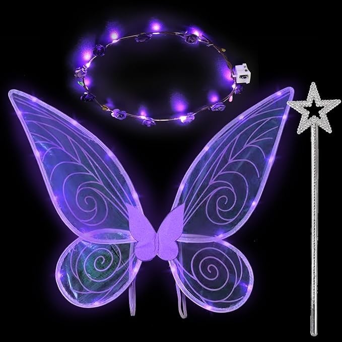 Light Up Fairy Wings for Adults, LED Butterfly Wings with Fairy Wreath and Wand for Halloween, Decorative Dress-Up(Purple)