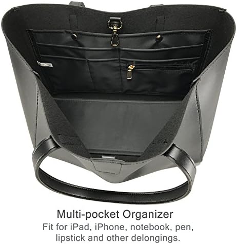 Synthetic Leather Organized Tote Bag with Multi Pockets Shoulder Bag for Work Fit for Laptop 15.6" (Black)