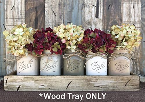 TRAY WOOD LARGE WITH RUSTIC HANDLES *Antique White Red Blue Box for CENTERPIECE, Candles, Mason Ball Jars, Mail, Remote -Kitchen Living Room Decor -Distressed - (fits 5 pint size jars) 18" x 5"