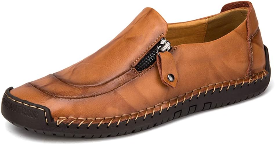 Phefee Mens New Casual Leather Loafer Flats Slip On Driving Moccasins Boat Shoes (Yellow Brown 42)