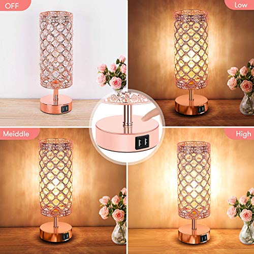Set of 2 Touch Control Crystal Table Lamps with 2 USB Ports, 3Way
