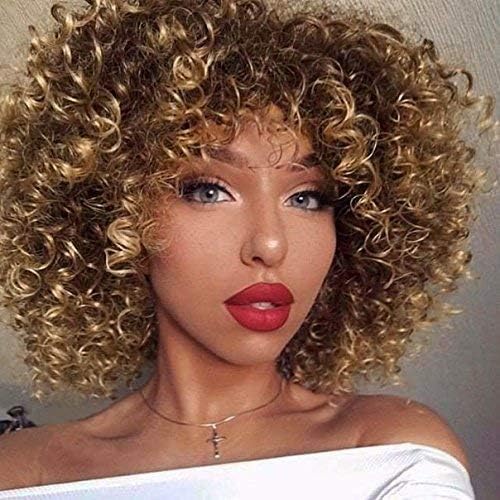 Quick Wig Afro Curly Wigs Short Kinky Curly Full Wigs with Bangs Ombre Brown Mixed Light Brown Synthetic Heat Resistant African Wigs for Black Women
