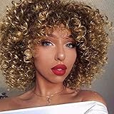 Quick Wig Afro Curly Wigs Short Kinky Curly Full Wigs with Bangs Ombre Brown Mixed Light Brown Synthetic Heat Resistant African Wigs for Black Women