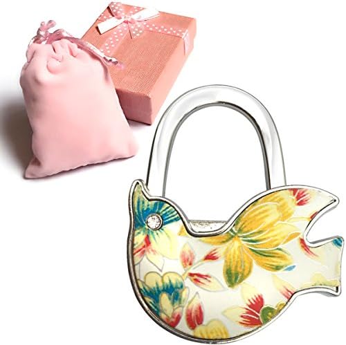 Elesa Miracle Purse Hook8 Choices Foldable Handbag Hanger, Folding Table Hanger, with Velvet Pouch in Gift Box (Yellow Flower Birds)