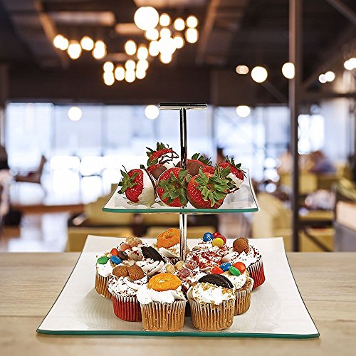 2 Tier Server - Tiered Glass Serving Stand Square Cake Plates with Metal Handle - Food Display Platter for Party and Event, Best for Appetizers, Snacks and Desserts - Thumbnail 2