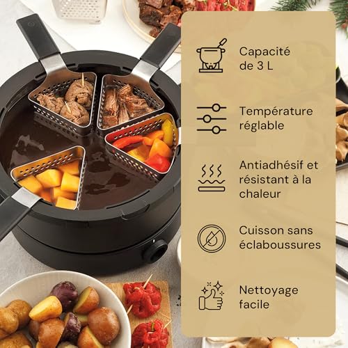 Fondussimo Evolution 3-in-1 Electric Fondue Set with Stainless Steel Fondue Pot 3 L + Ceramic Bowl Bain-Marie – 6 Baskets & 6 Tongs – Adjustable Temperature – 4 to 6 People