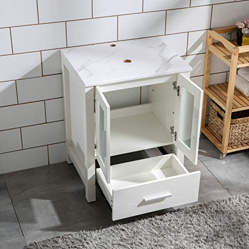 Homecart 24" White Bathroom Vanity Cabinet with Marble Pattern Top Vessel Sink Mirror Faucet and Drain - Thumbnail 4
