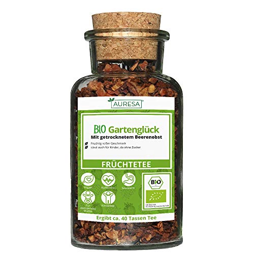 AURESA Bio Gartenglück Früchtetee im Glas | Tee mit Beeren - 120g | Wiederverwendbare Glasflasche mit Korkverschluss